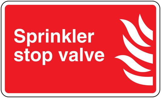 Sprinkler stop valve warning sticker with white text and flame icon on red