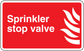 Sprinkler stop valve warning sticker with white text and flame icon on red