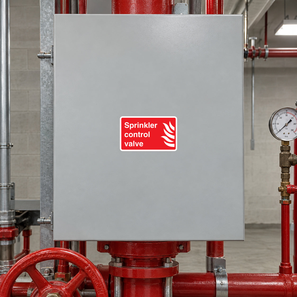 Red and white sprinkler control valve sticker on gray metal access panel