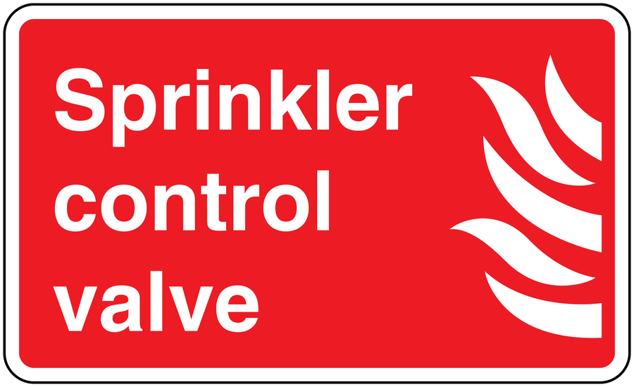 Red sprinkler control valve sticker with white text and flame icon