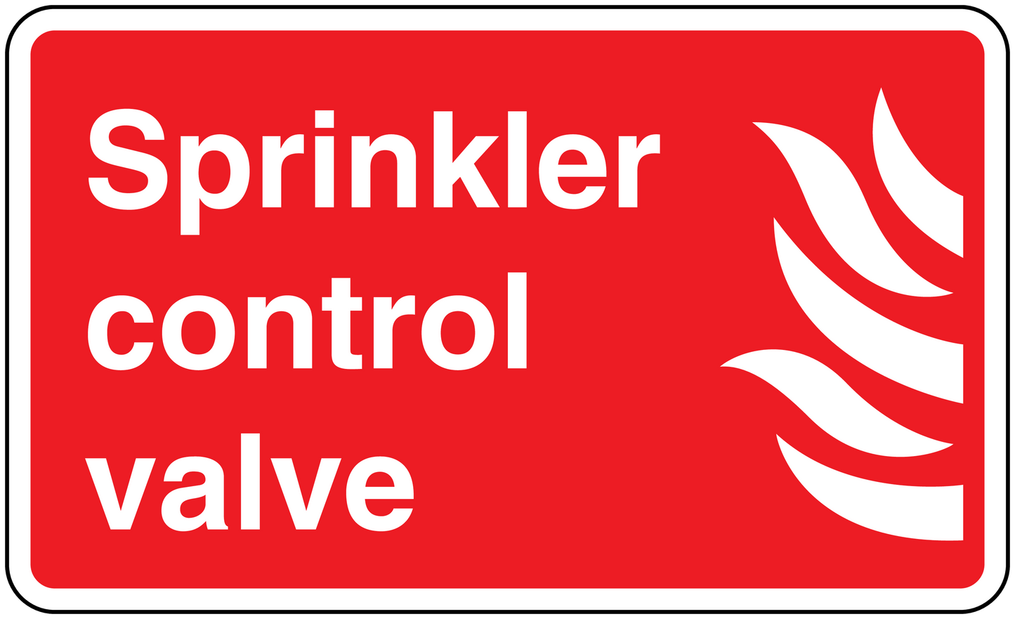 Red sprinkler control valve sticker with white text and flame icon