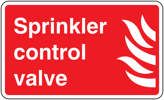 Red sprinkler control valve sticker with white text and flame icon