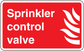Red sprinkler control valve sticker with white text and flame icon