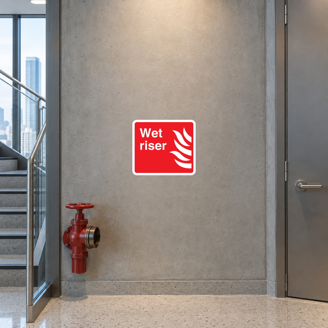 Wet Riser Sticker applied in a modern high-rise office fire-service landing, smooth warm gray concrete wall, red wet-riser outlet valve below y=82%, glazed stairwell edge left and silver door edge right, pale terrazzo floor