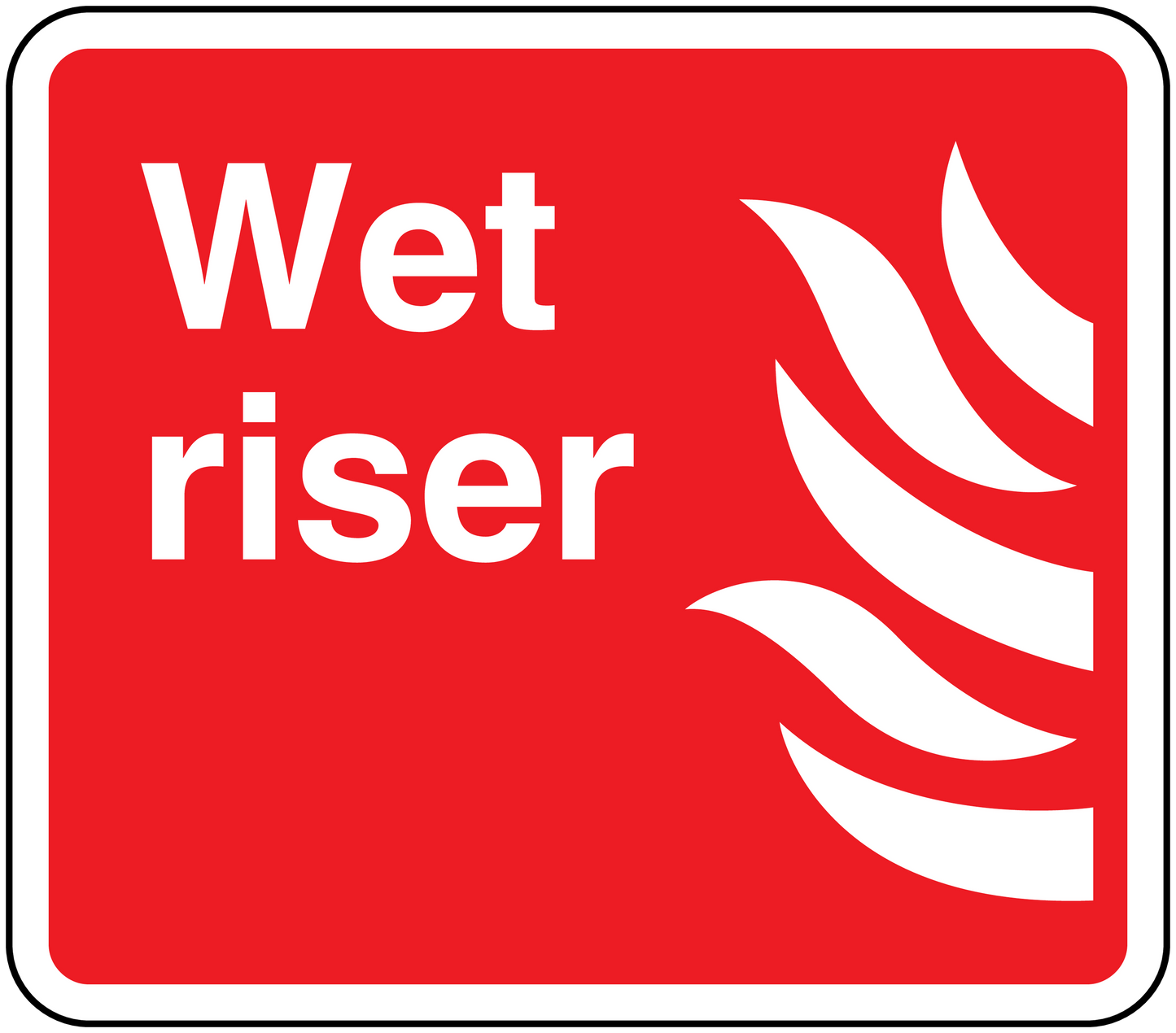 Wet riser sticker, red with white text and white wave icon
