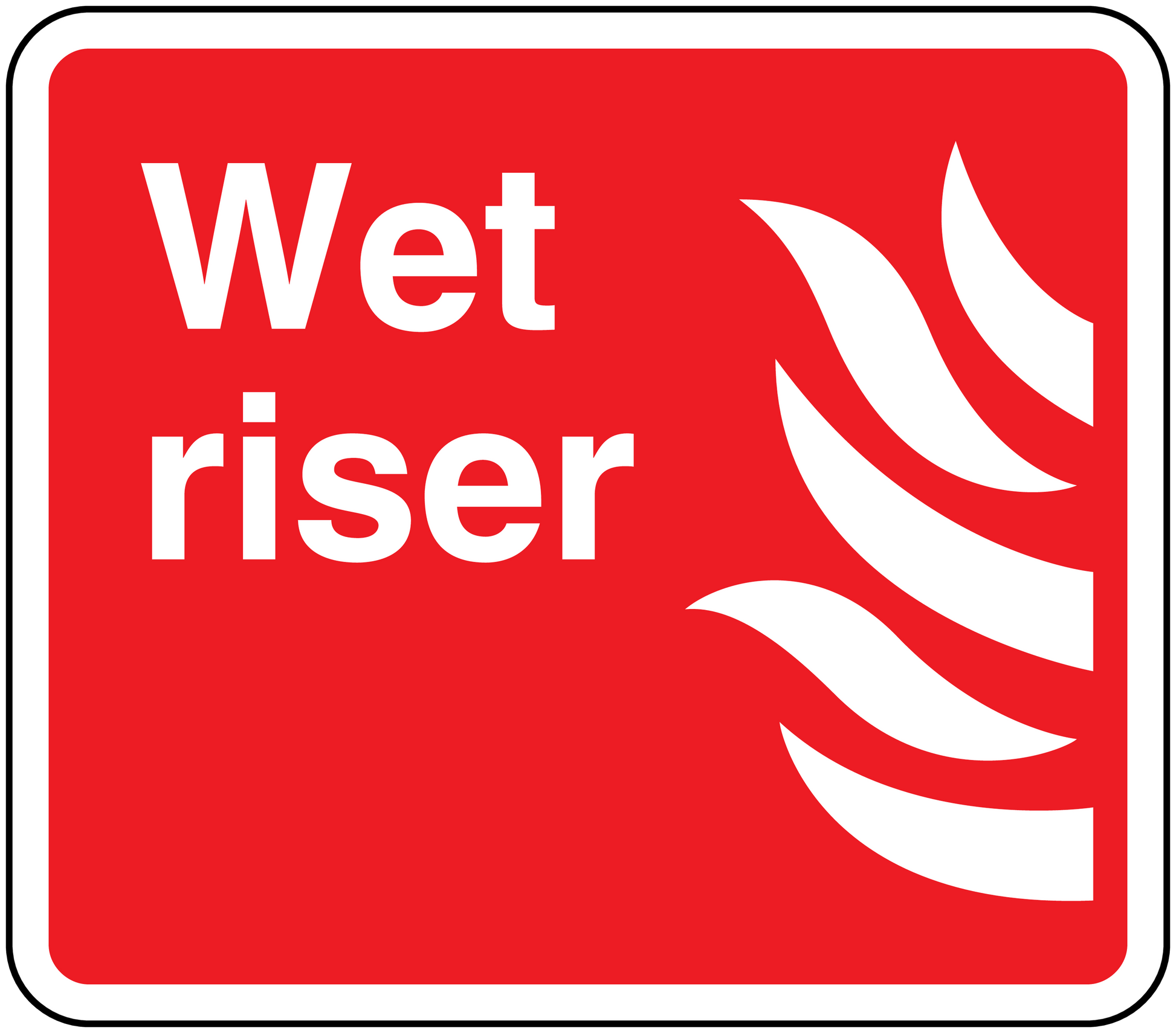 Wet riser sticker, red with white text and white wave icon