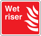 Wet riser sticker, red with white text and white wave icon