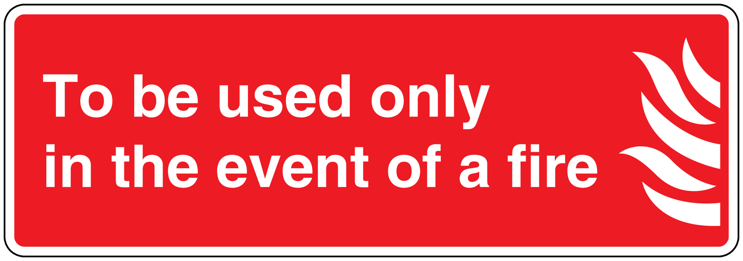 Red fire safety sticker with white text and flame icon
