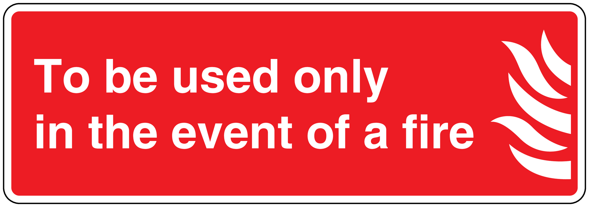 Red fire safety sticker with white text and flame icon
