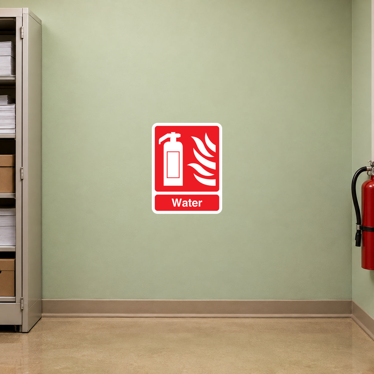 Water Fire Extinguisher Sticker applied in a printing company paper archive fire station, smooth pale green wall, red water extinguisher far lower right, closed unlabelled paper storage cabinet edge left, tan epoxy floor