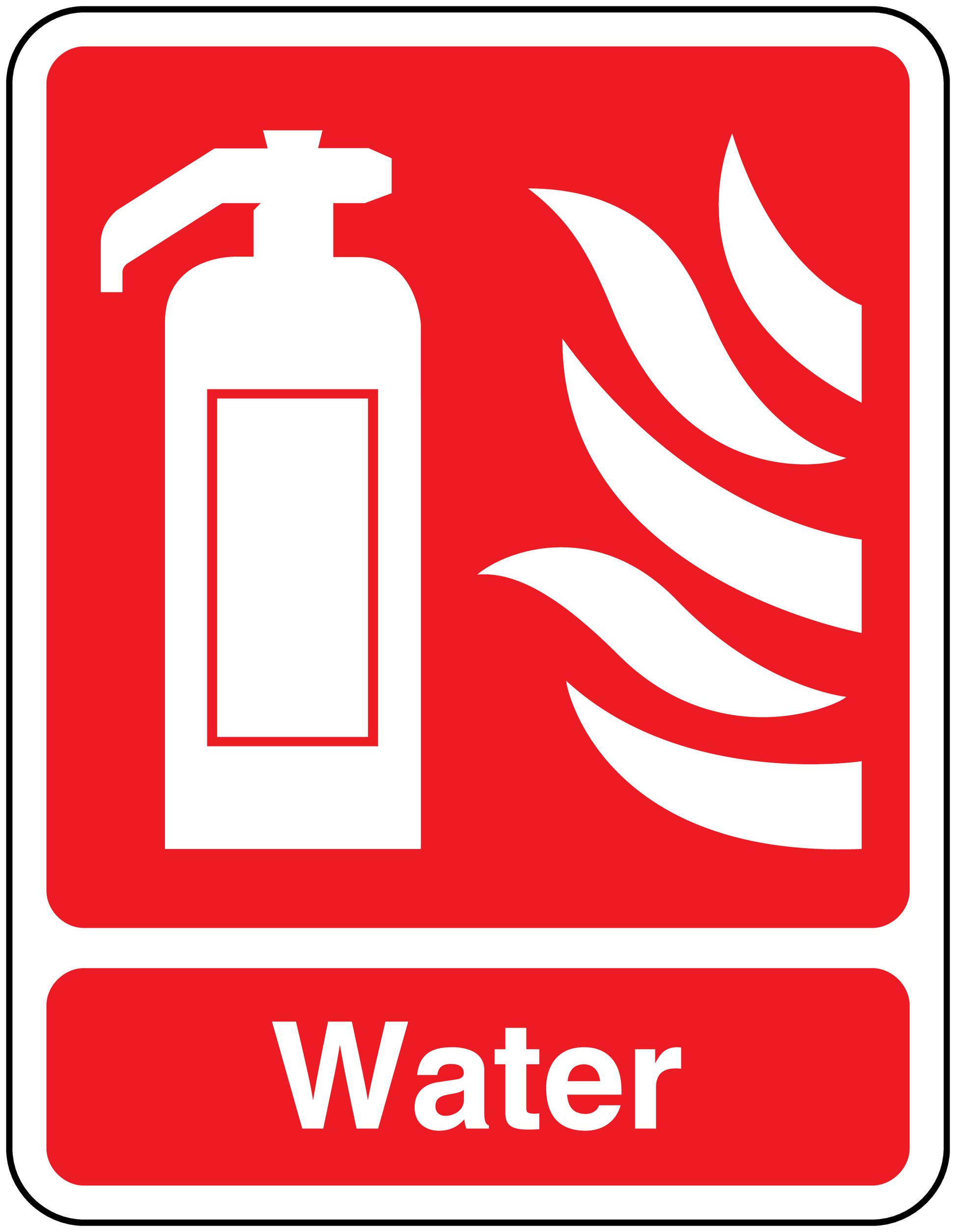 Fire extinguisher sticker: white water extinguisher icon and 'Water' on red.
