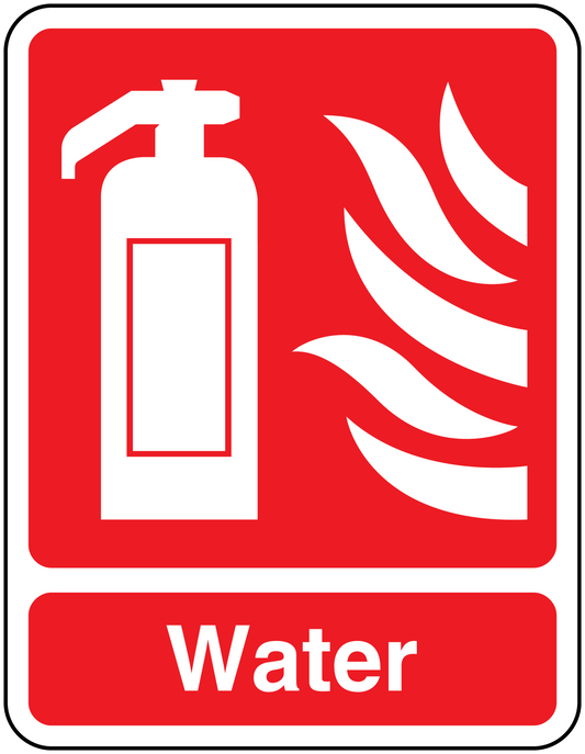 Fire extinguisher sticker: white water extinguisher icon and 'Water' on red.