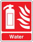 Fire extinguisher sticker: white water extinguisher icon and 'Water' on red.