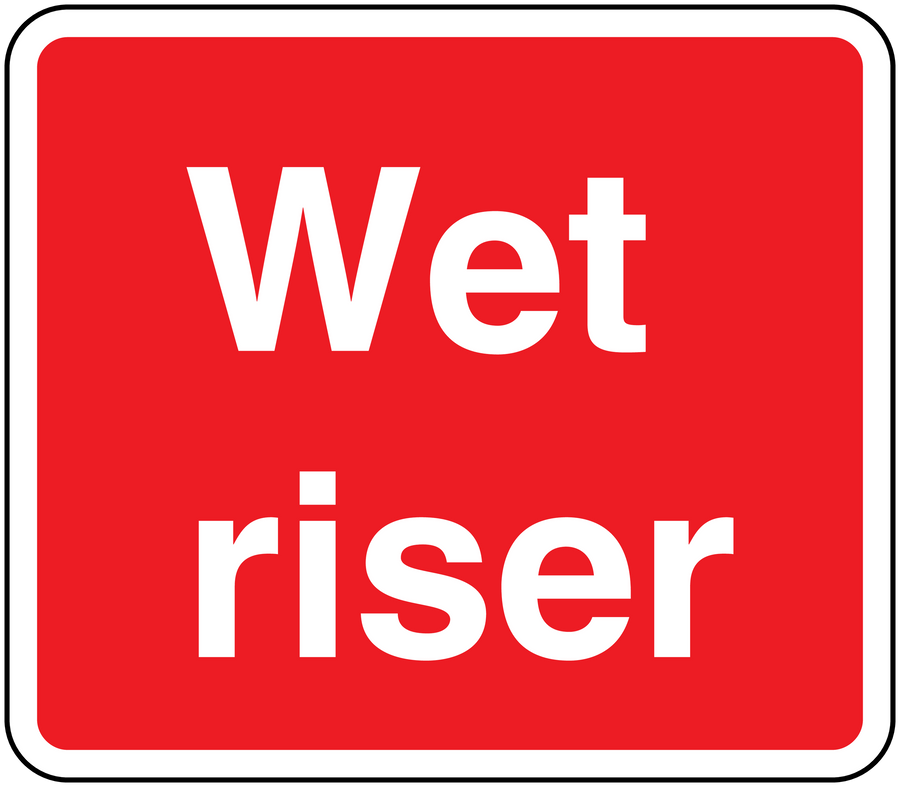 Red wet riser sticker with white border and bold white “Wet riser” text