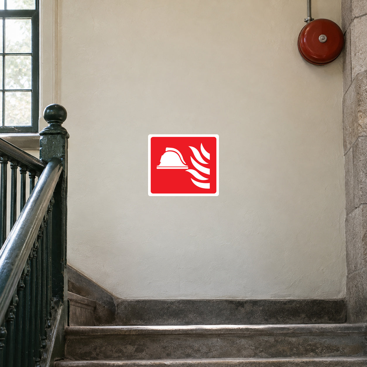 Red square fire bell icon sticker with white flame design