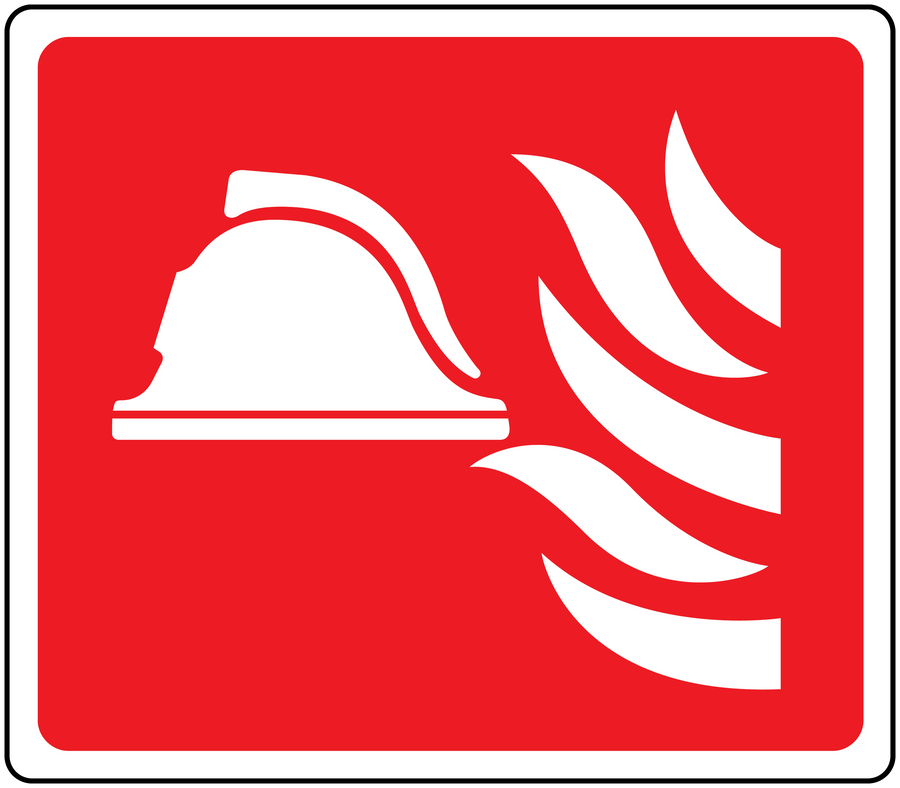Fire bell sticker with white bell and flame graphic on red square