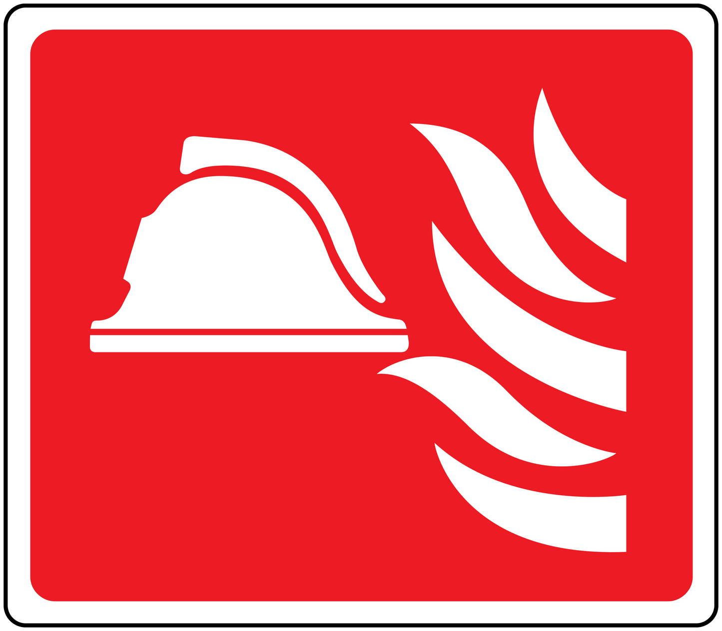 Fire bell sticker with white bell and flame graphic on red square