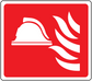 Fire bell sticker with white bell and flame graphic on red square