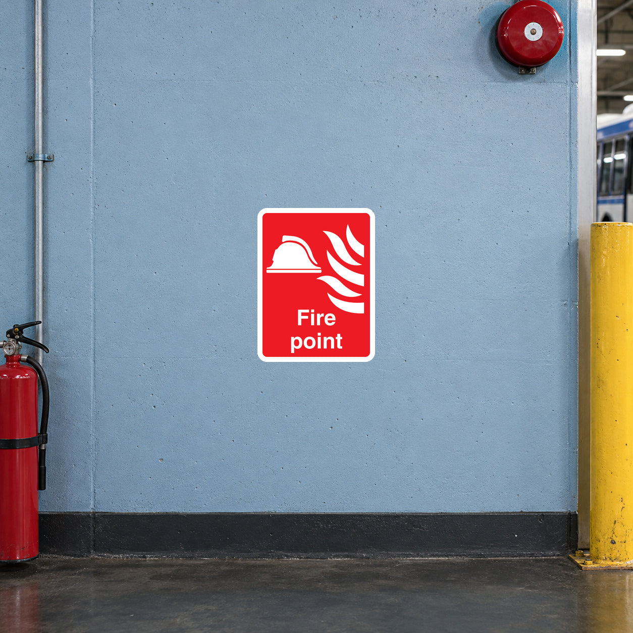 Fire point sticker, red square with white flame icon and “Fire point” text