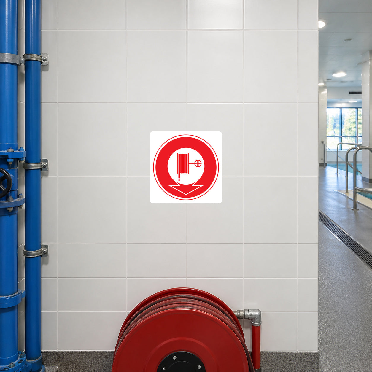 Fire extinguisher color code safety sticker: white square with red extinguisher icon.