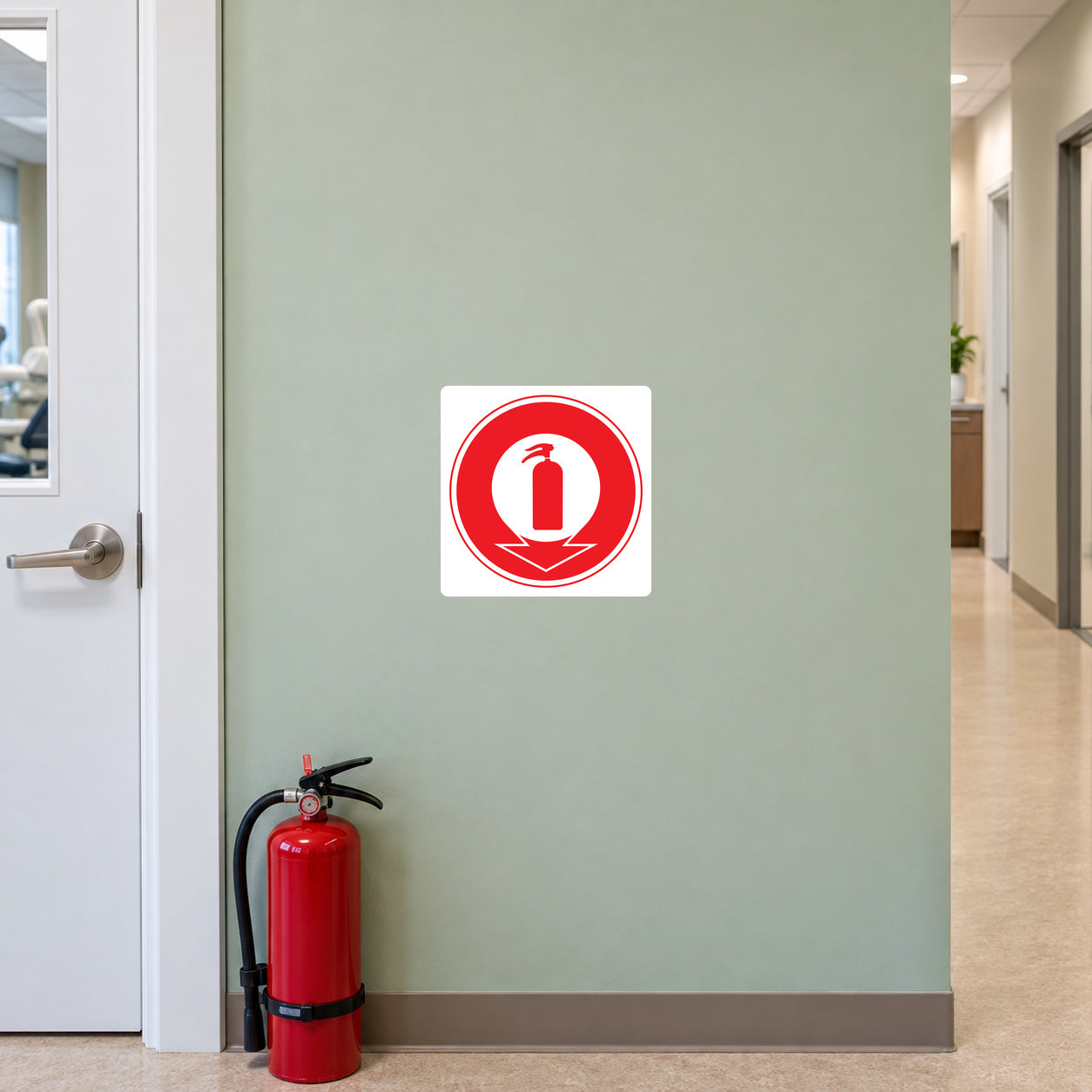 Fire extinguisher color code sticker: white square with red circle and extinguisher icon