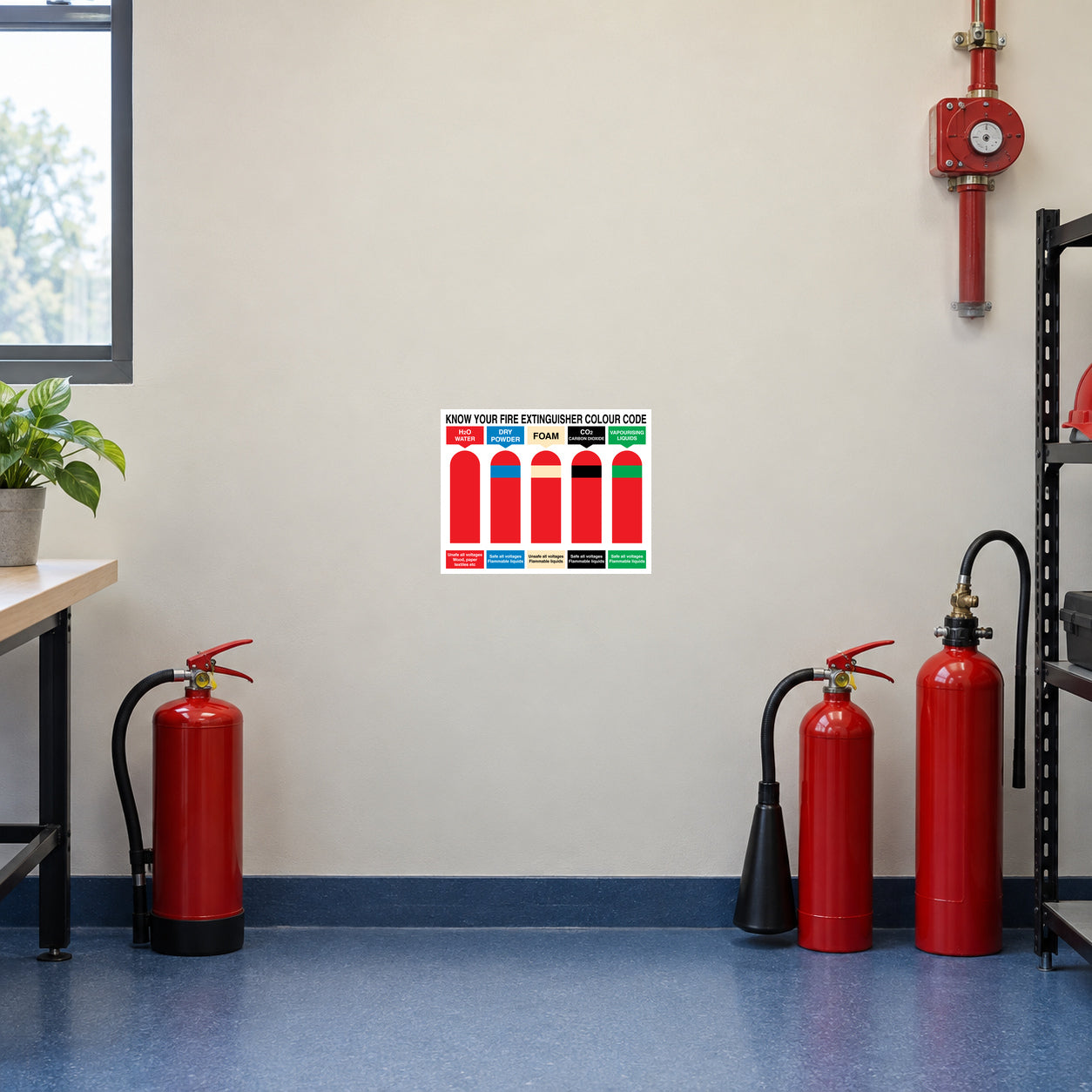 Fire extinguisher color-code chart sticker with colored bands on a white label