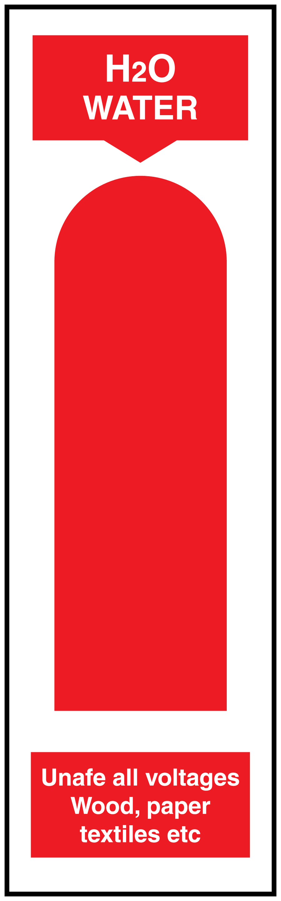 Red H2O WATER fire extinguisher sticker label with vertical symbol and warning text