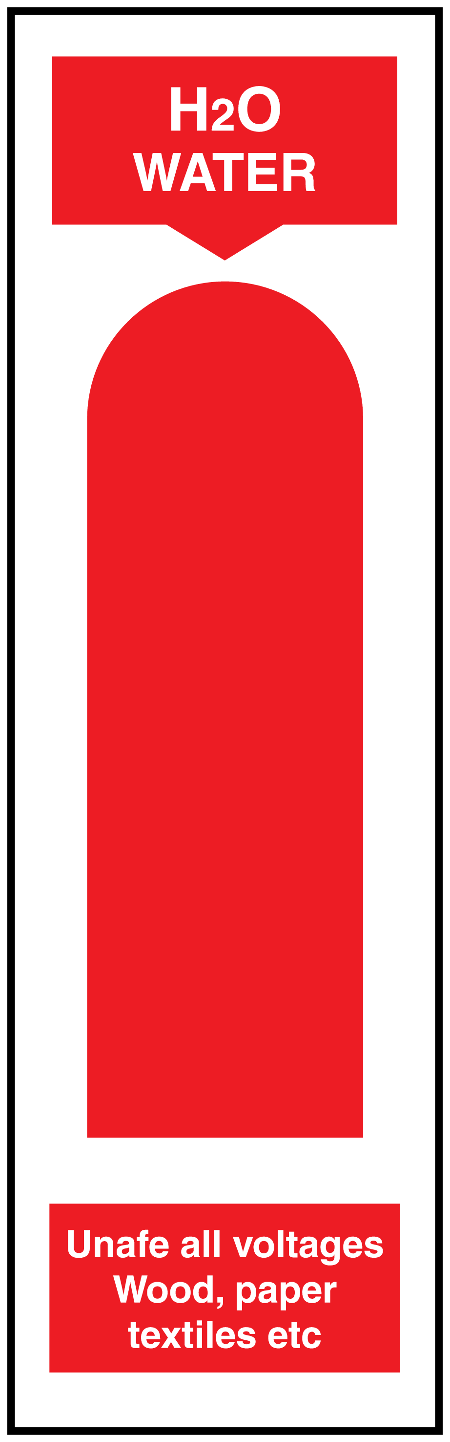 Red H2O WATER fire extinguisher sticker label with vertical symbol and warning text
