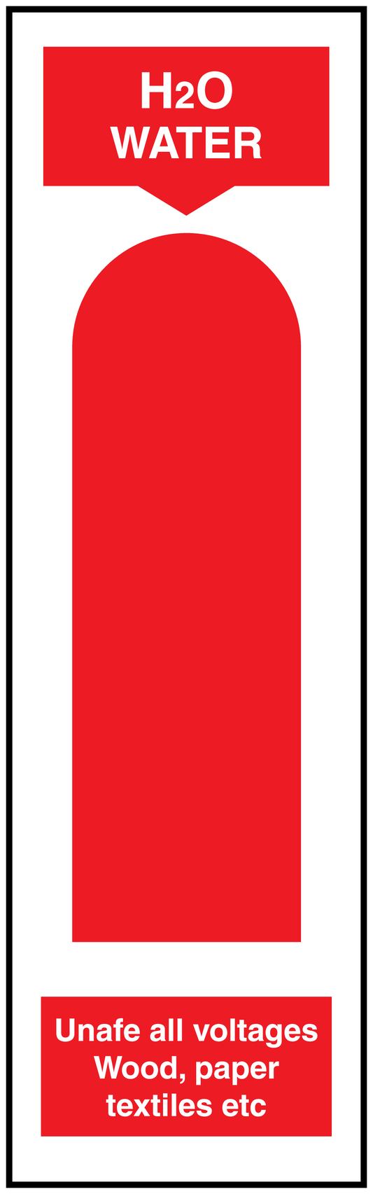 Red H2O WATER fire extinguisher sticker label with vertical symbol and warning text