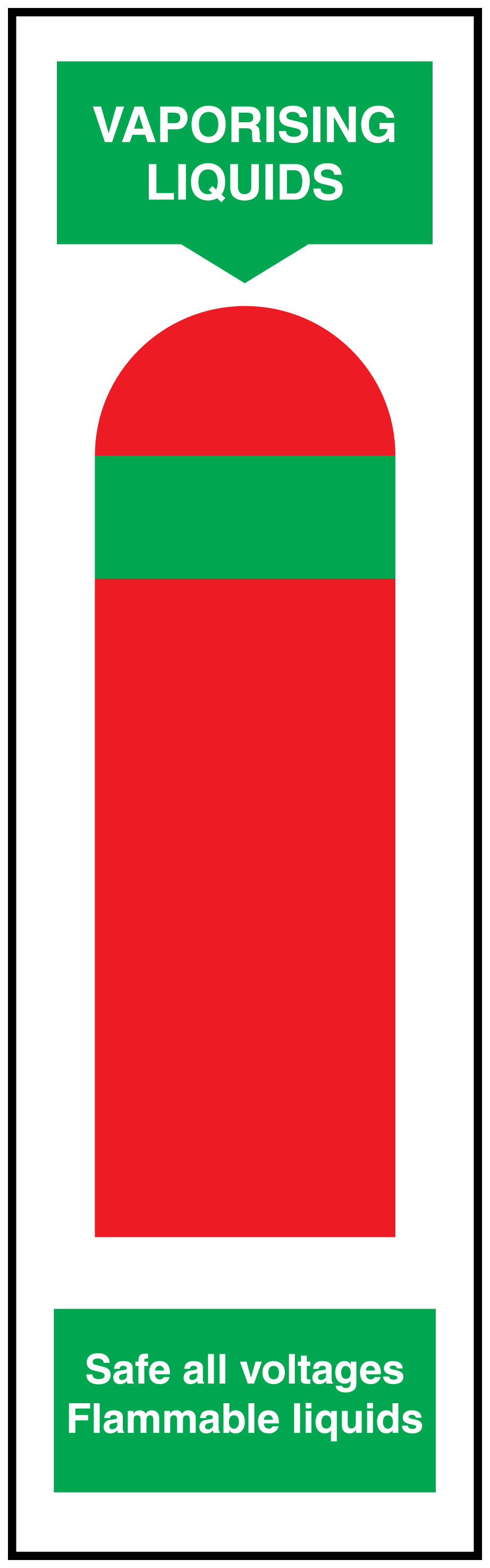 Fire extinguisher sticker for vapor liquids, green header and red striped graphic