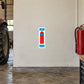 Dry powder fire extinguisher sticker label, red and blue rectangle with white text