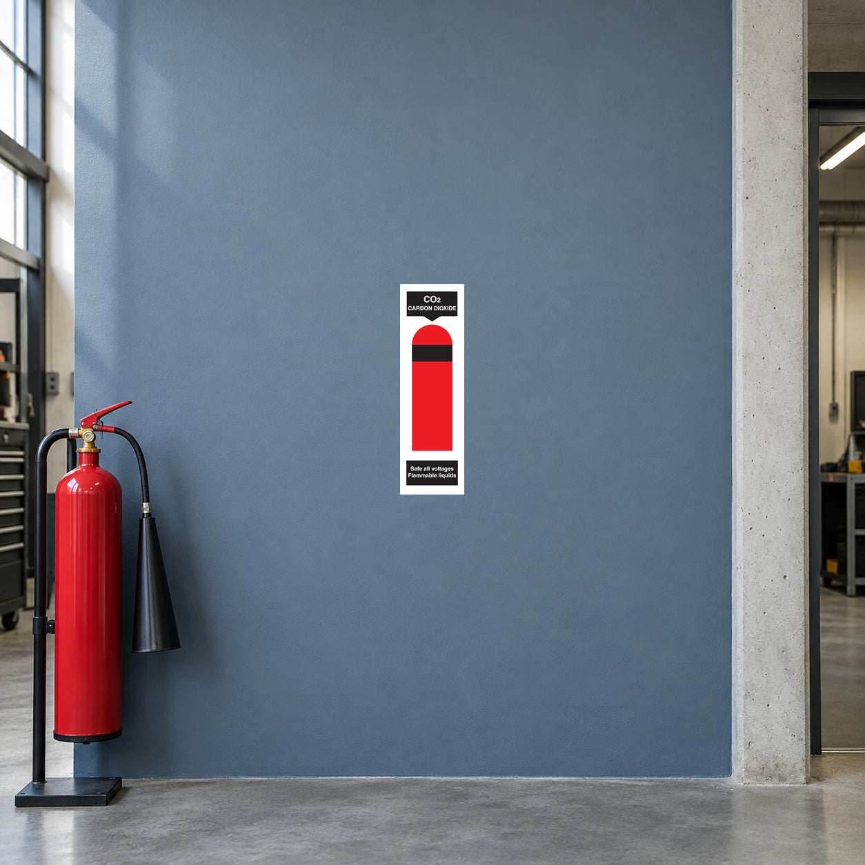 CO2 fire extinguisher identification sticker at a technical workshop fire station