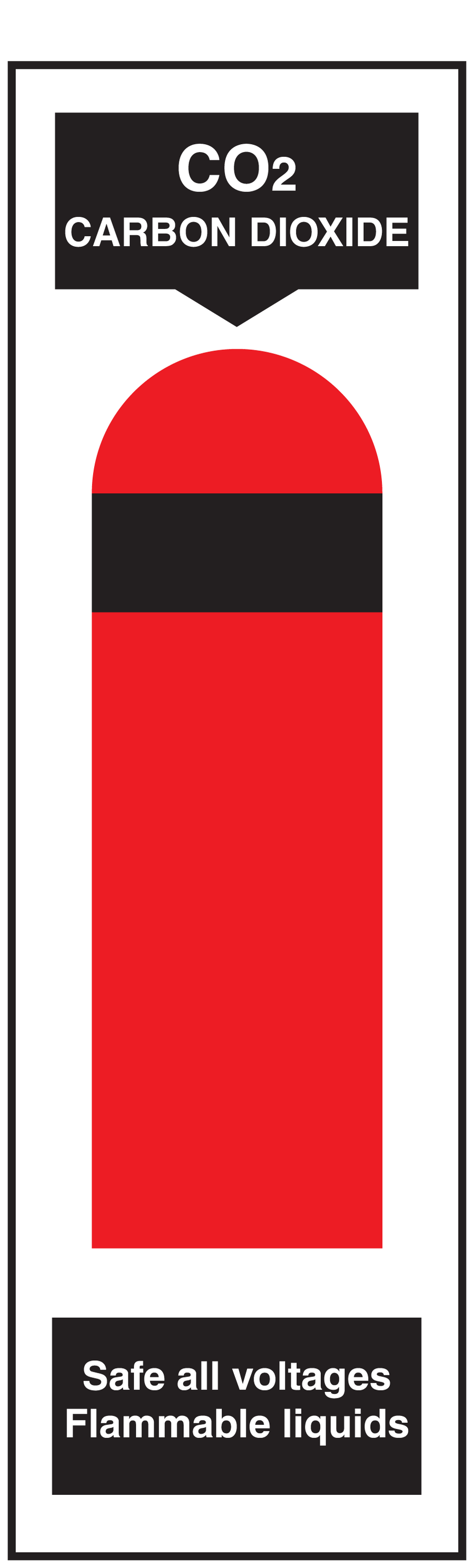 CO2 carbon dioxide fire extinguisher sticker, red and black cylinder graphic, safety text