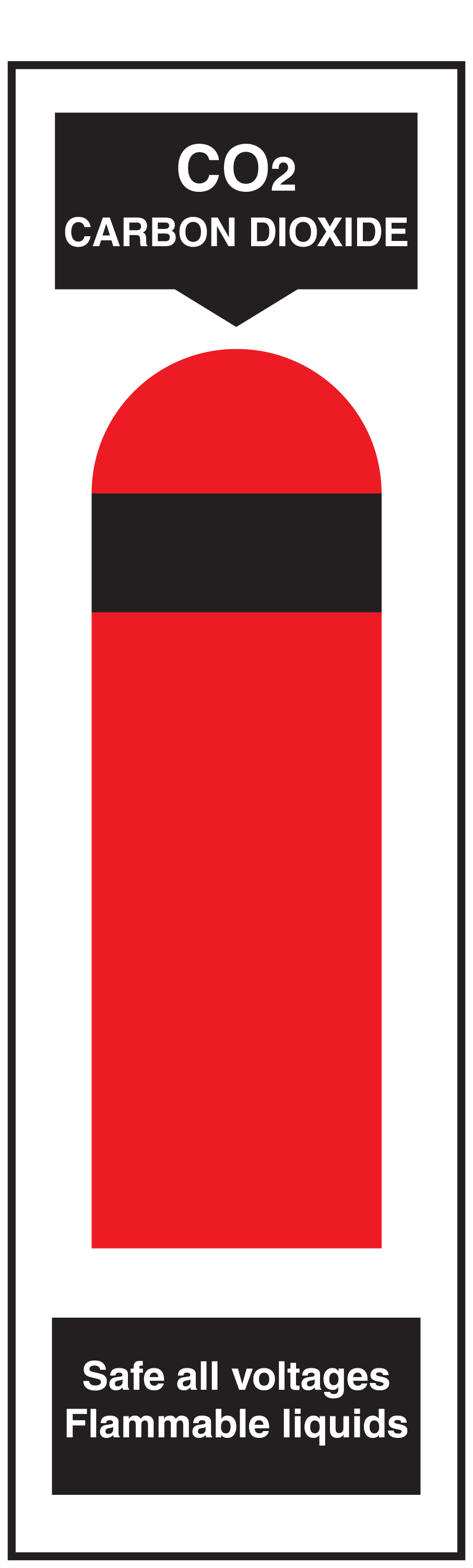 CO2 carbon dioxide fire extinguisher sticker, red and black cylinder graphic, safety text