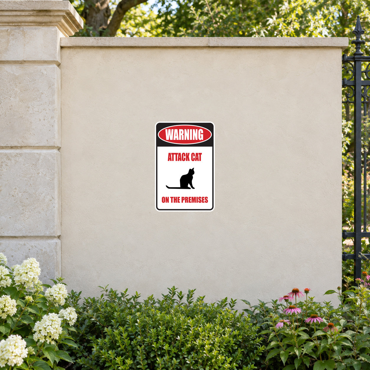 Warning attack cat on the premises sign sticker with black cat silhouette