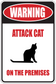 Warning attack cat sign sticker with red “WARNING” oval, black cat, and “ON THE PREMISES”