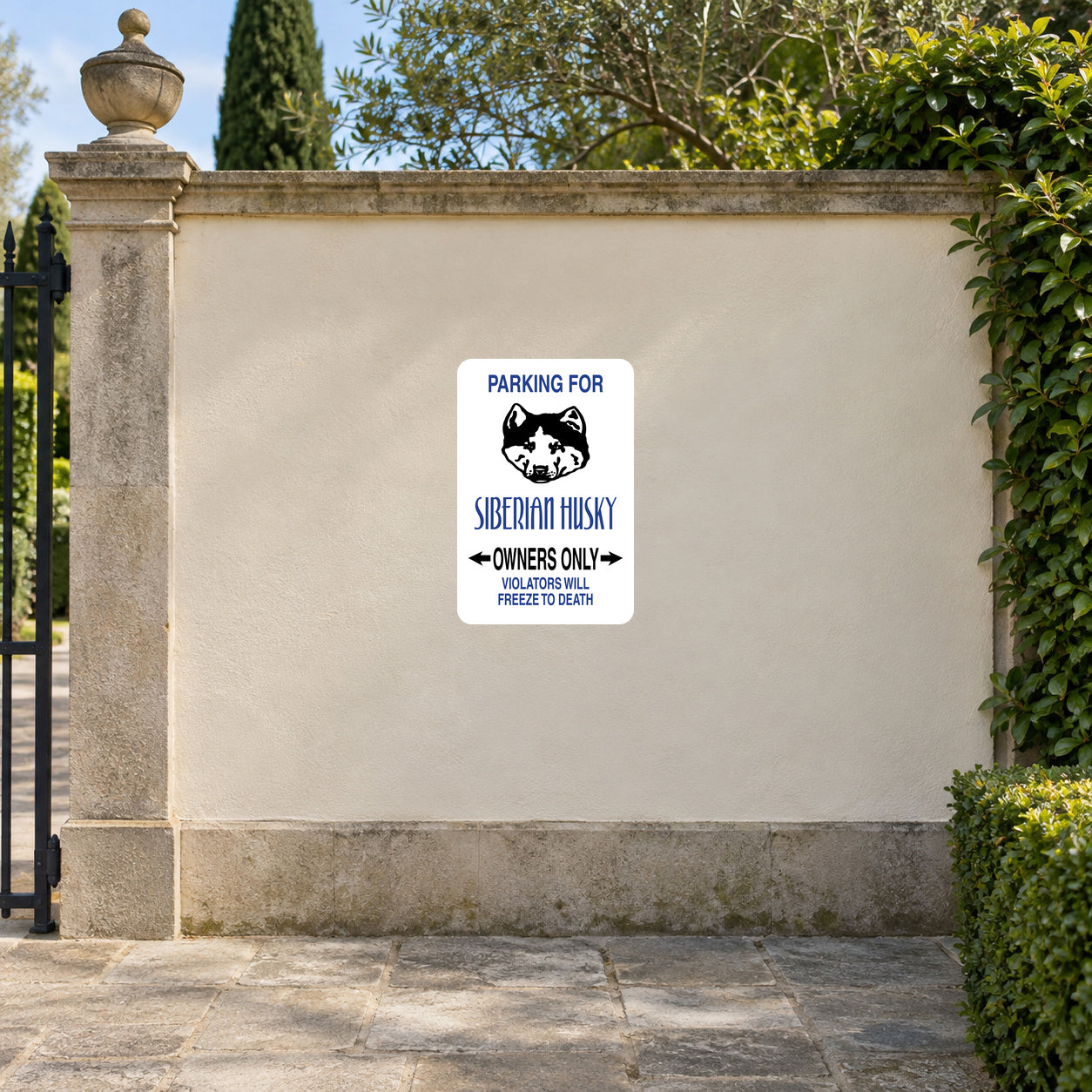 Rectangular parking sign sticker: husky face with 'Owners Only' text
