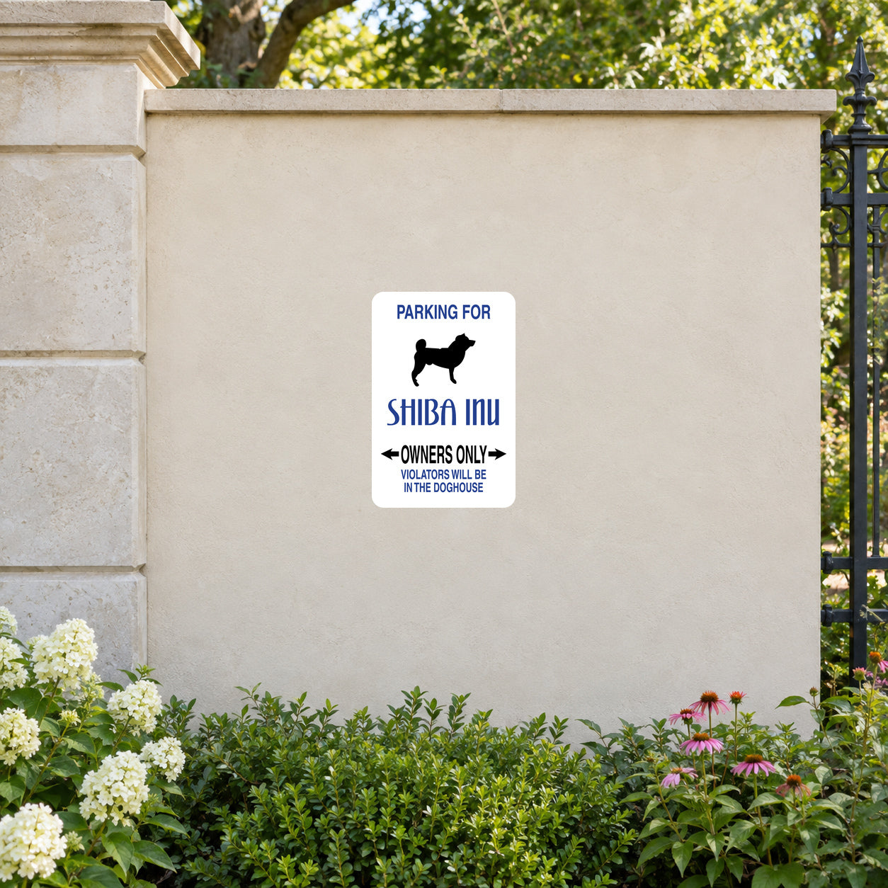 White square Shiba Inu parking sign sticker with black text and dog silhouette