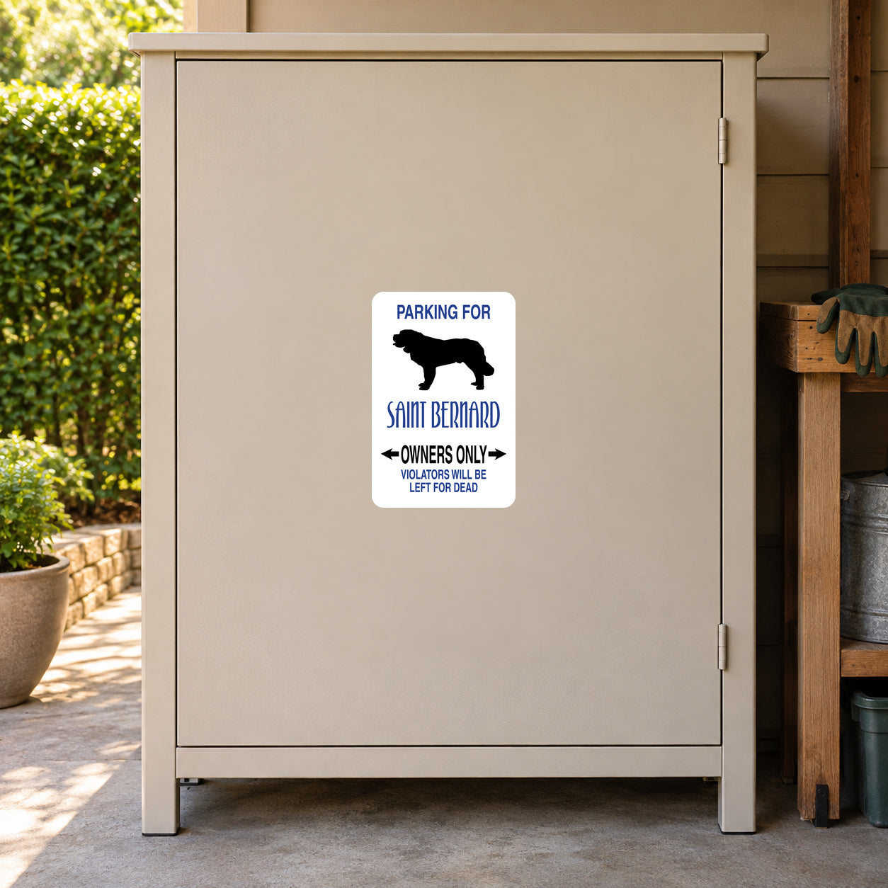 Parking sign sticker with Saint Bernard dog silhouette and owners only message
