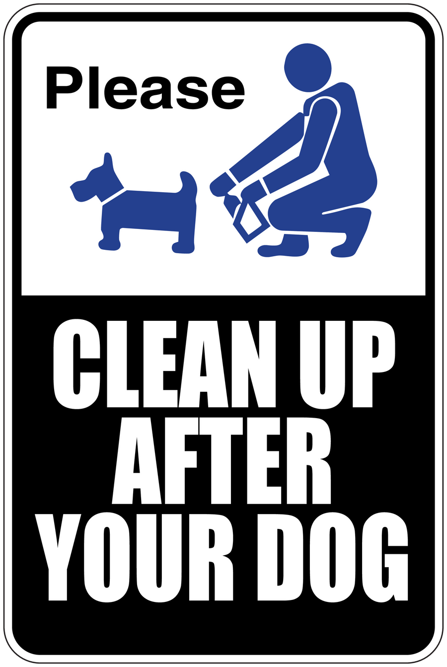 Dog cleanup sign sticker: 'Please Clean Up After Your Dog' with blue dog and person icon