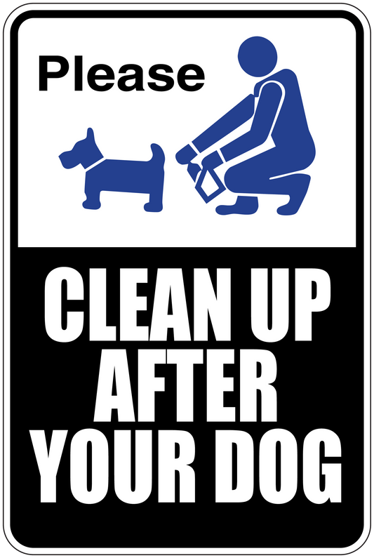 Dog cleanup sign sticker: 'Please Clean Up After Your Dog' with blue dog and person icon