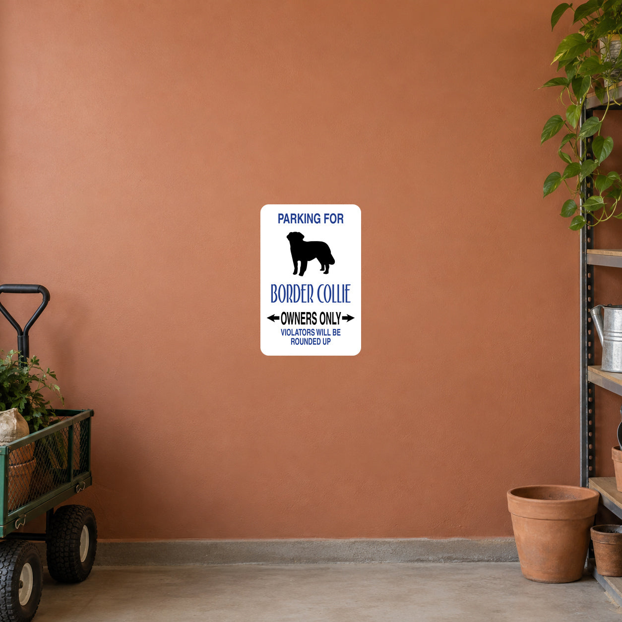 White square Border Collie parking sign sticker with black dog silhouette and text