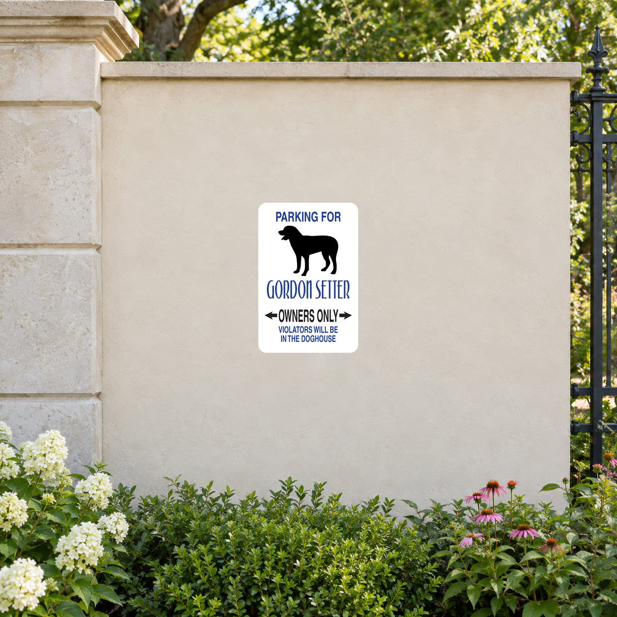 Parking For Gordon Setter Owners Only Fun Sign Sticker applied to a cream garden entrance wall beside an iron fence
