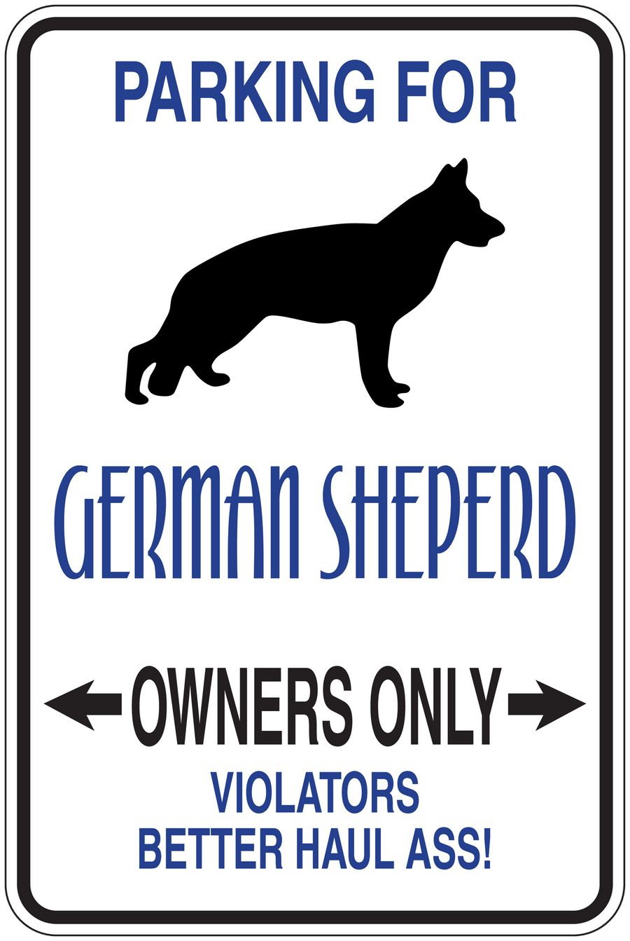 Parking sign sticker with German Shepherd silhouette and blue owners-only message