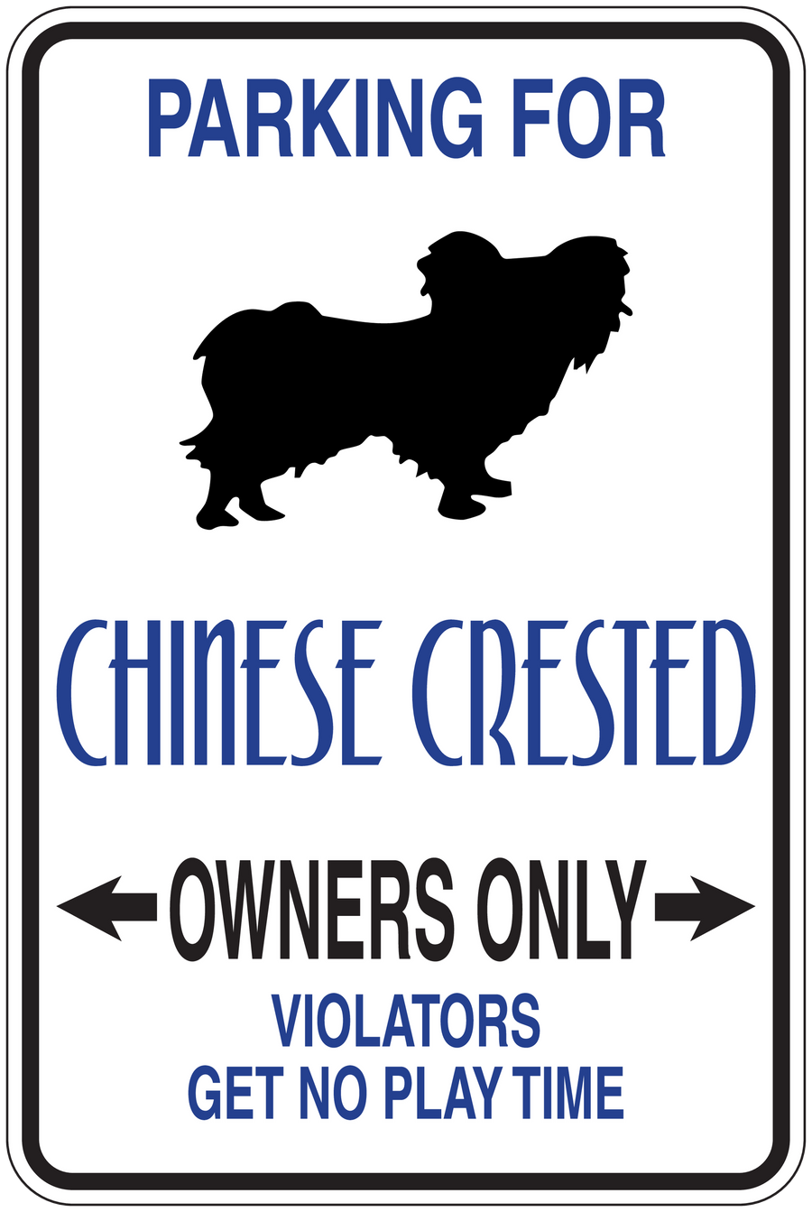 Parking sign sticker with Chinese Crested dog silhouette and Owners Only text