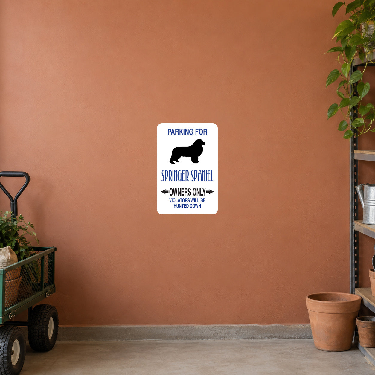 Parking For Pomeranian Owners Only Fun Sign Sticker applied to a terracotta private lane maintenance wall