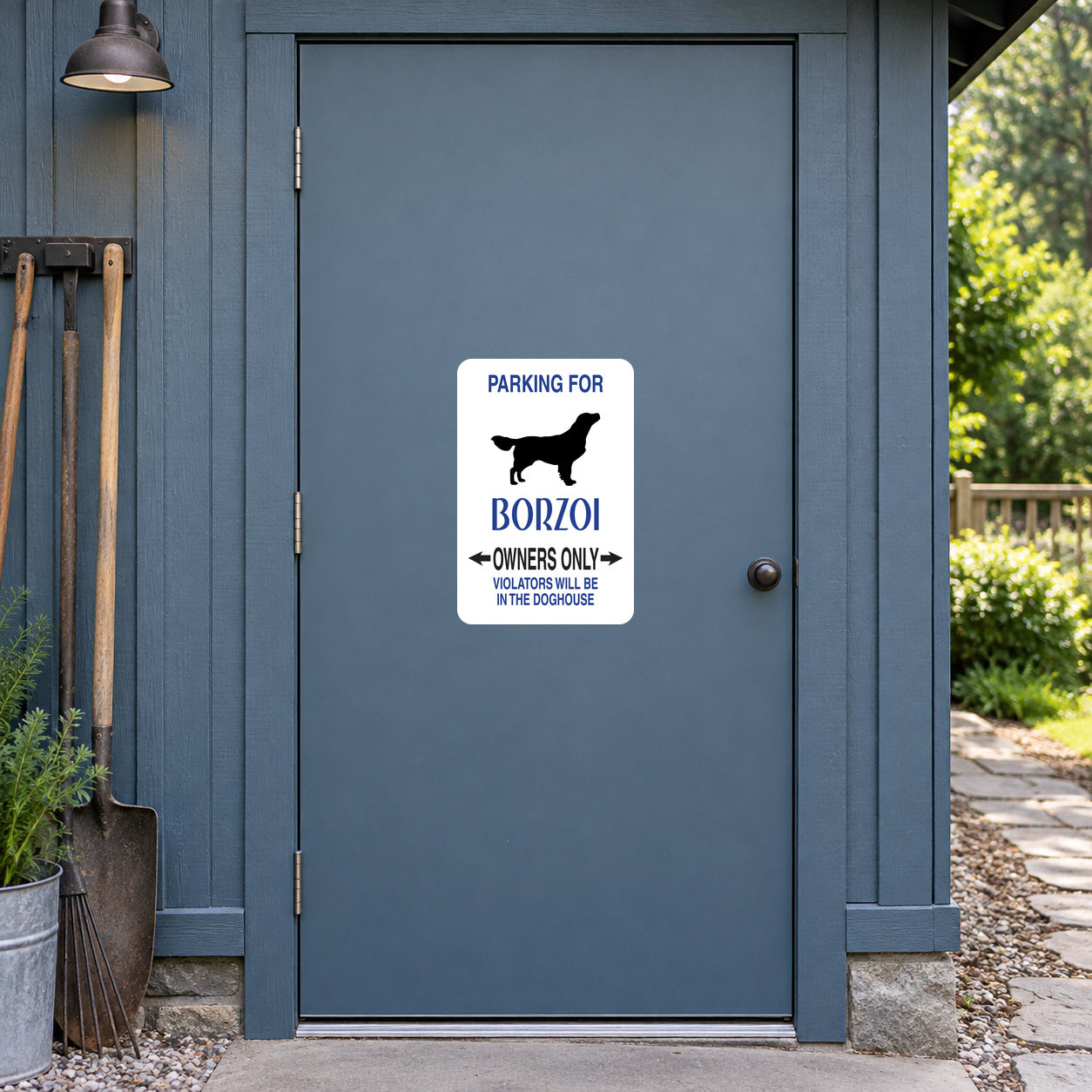 Borzoi owner parking sign sticker with black dog silhouette and white text