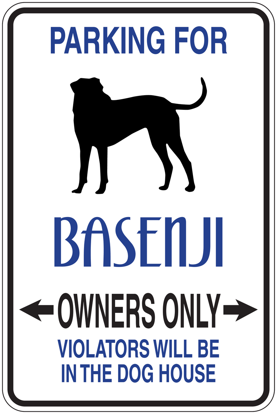 Basenji owners only parking sign sticker with dog silhouette and text 'OWNERS ONLY'