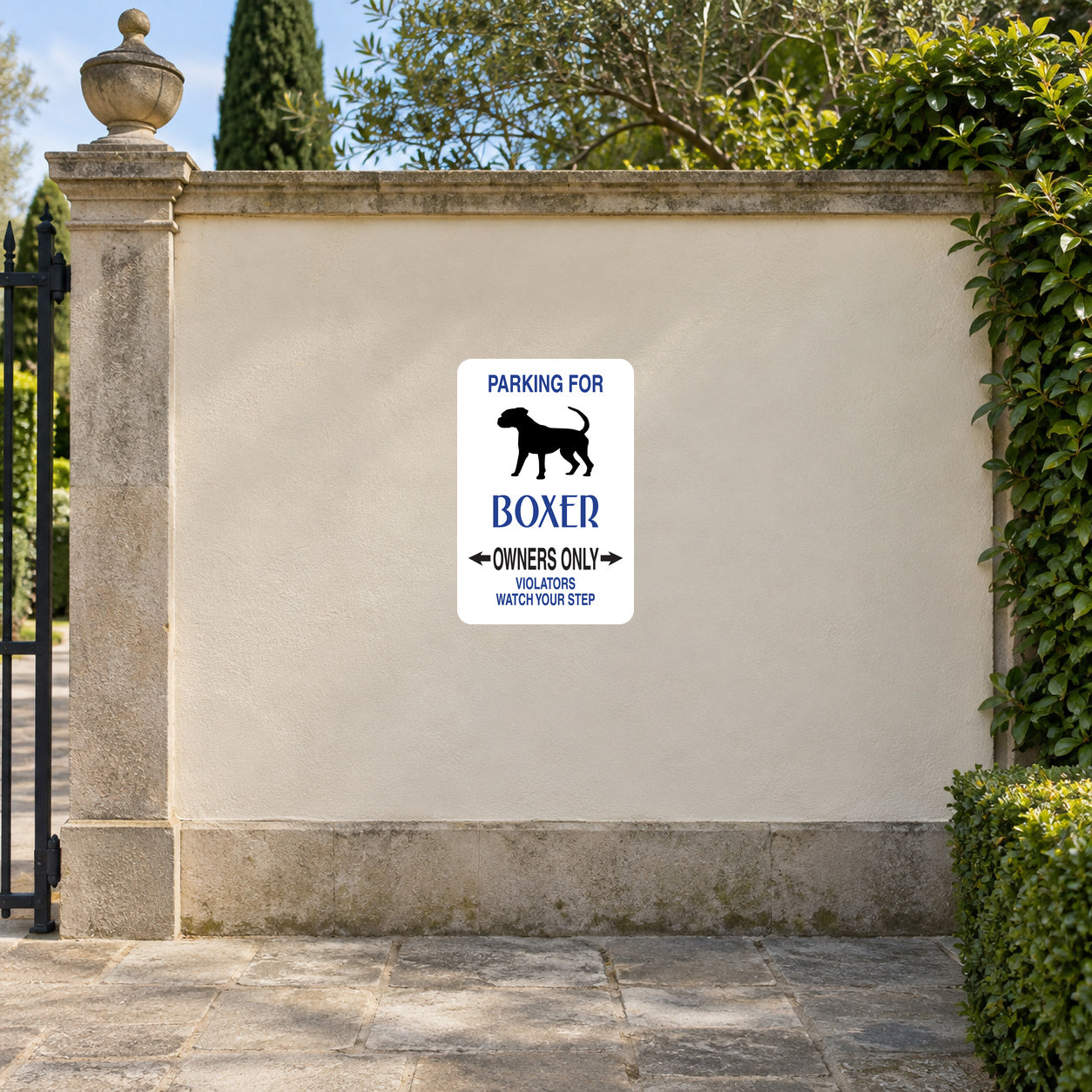 Parking for Boxer Owners Only sign sticker with black boxer dog silhouette and text