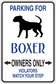 Boxer owner parking sign sticker with black dog silhouette and blue text, "Owners Only"